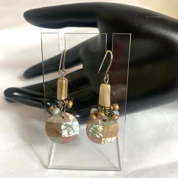 Vintage Patchwork Abalone Shell Drop Dangle Hook Earrings - Picture 1 of 6